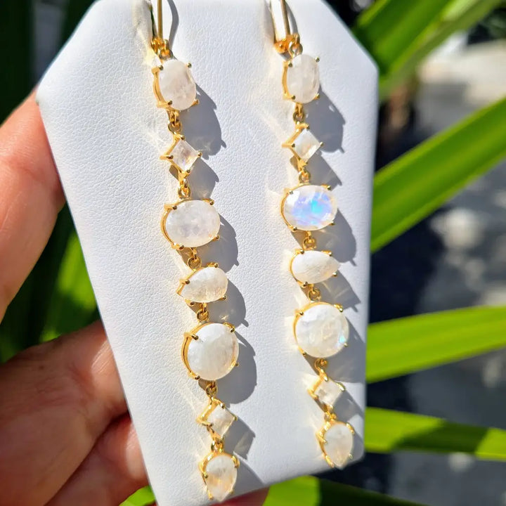 ?RAinbows & Miracles’ 3.75’’ Earrings - Moonstone 18k Gold Sterling
