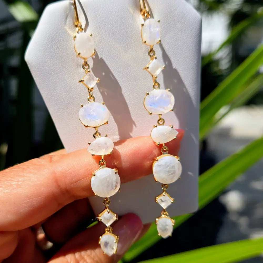?RAinbows & Miracles’ 3.75’’ Earrings - Moonstone 18k Gold Sterling