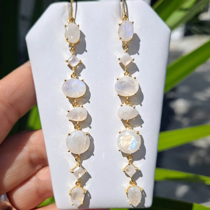 ?RAinbows & Miracles’ 3.75’’ Earrings - Moonstone 18k Gold Sterling