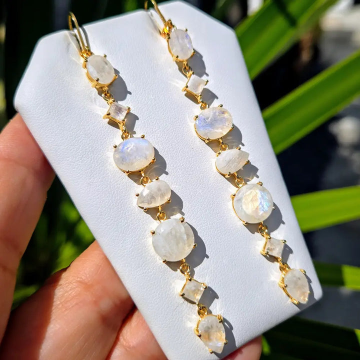 ?RAinbows & Miracles’ 3.75’’ Earrings - Moonstone 18k Gold Sterling