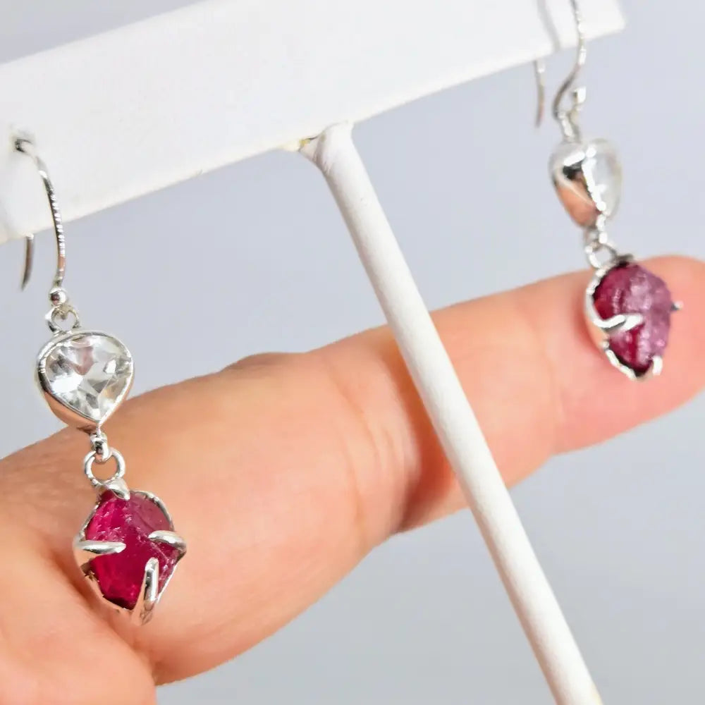 ?RAw & Sparkly Stunners’ 1.75’’ Earrings - Raw Rubies White Topaz Sterling