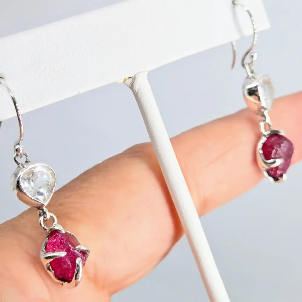 ?RAw & Sparkly Stunners’ 1.75’’ Earrings - Raw Rubies White Topaz Sterling
