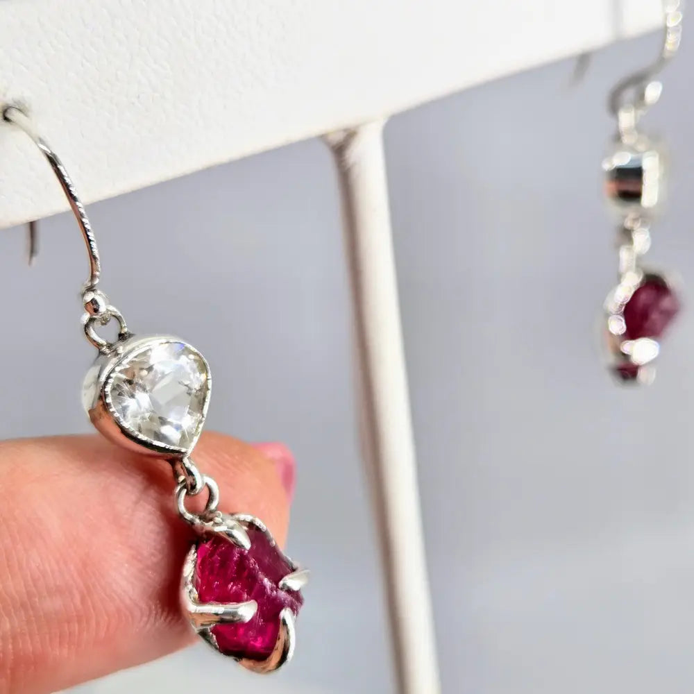 ?RAw & Sparkly Stunners’ 1.75’’ Earrings - Raw Rubies White Topaz Sterling