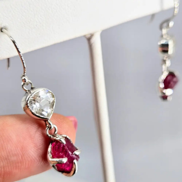 ?RAw & Sparkly Stunners’ 1.75’’ Earrings - Raw Rubies White Topaz Sterling