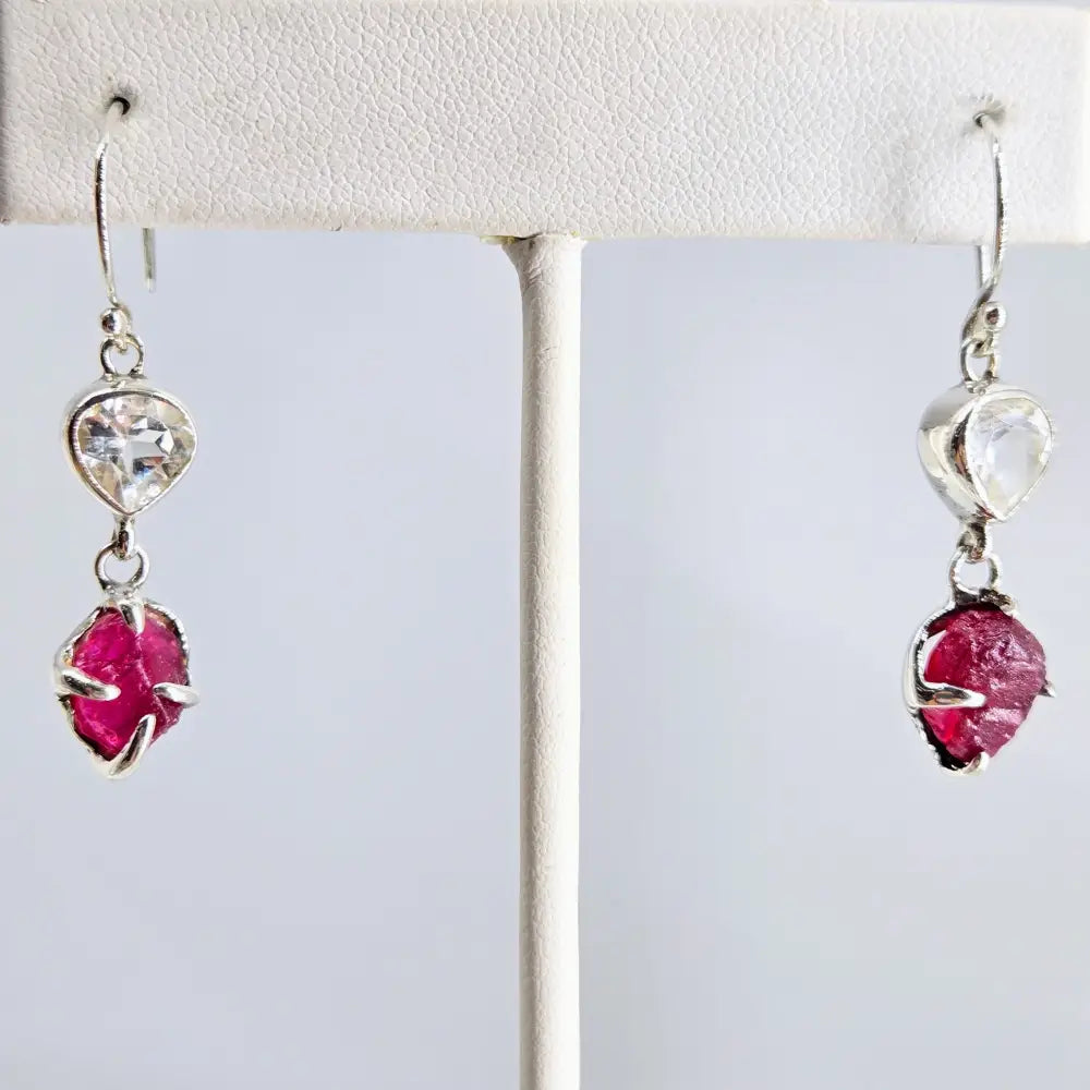 ?RAw & Sparkly Stunners’ 1.75’’ Earrings - Raw Rubies White Topaz Sterling