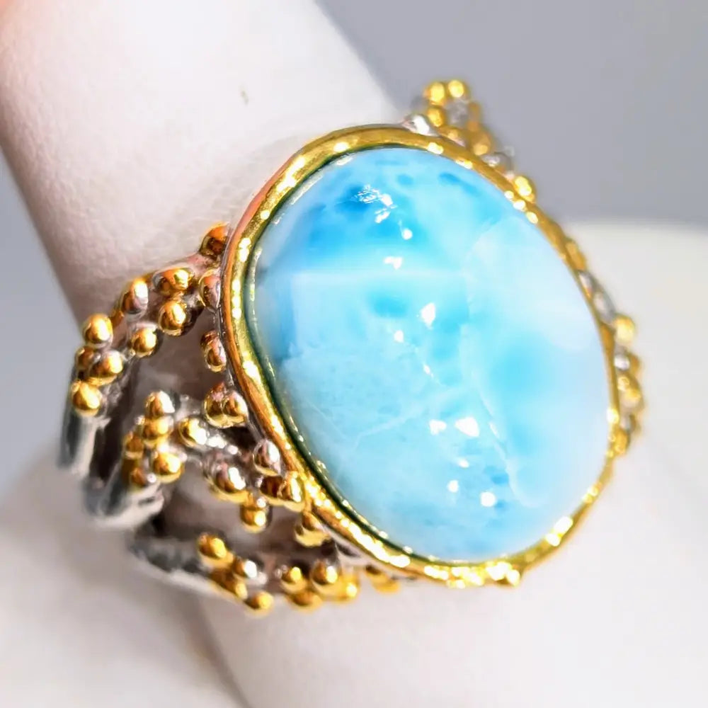 ?REelin’ in the Deep’ Sz 8.25 Ring - Larimar Anti-tarnish Sterling 18k Gold Accents