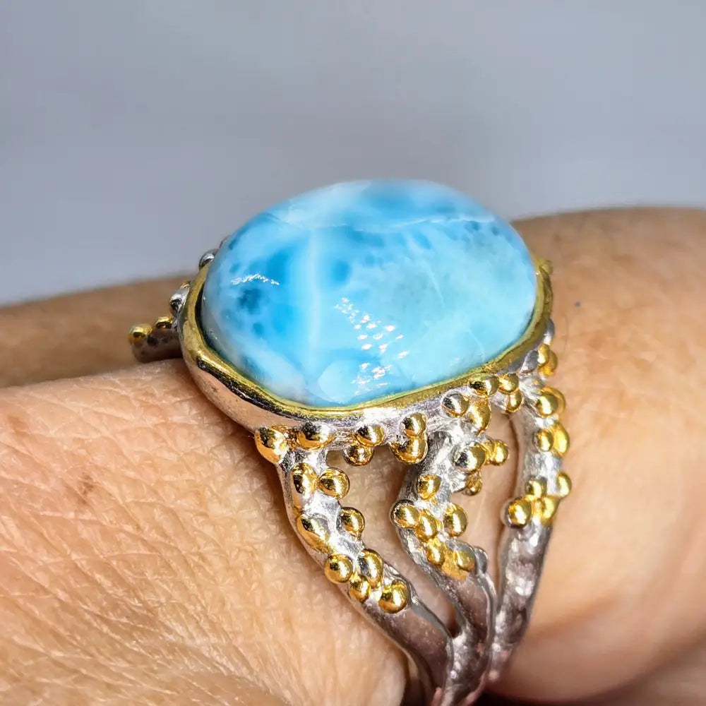 ?REelin’ in the Deep’ Sz 8.25 Ring - Larimar Anti-tarnish Sterling 18k Gold Accents