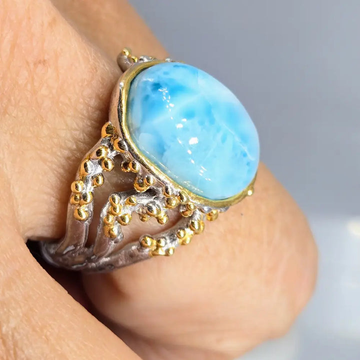 ?REelin’ in the Deep’ Sz 8.25 Ring - Larimar Anti-tarnish Sterling 18k Gold Accents