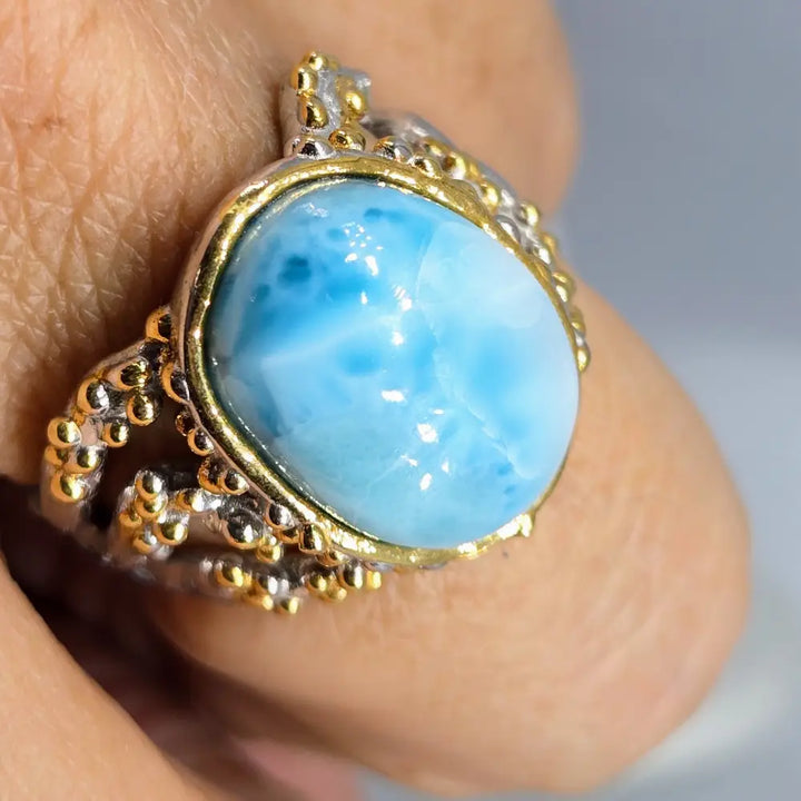 ?REelin’ in the Deep’ Sz 8.25 Ring - Larimar Anti-tarnish Sterling 18k Gold Accents