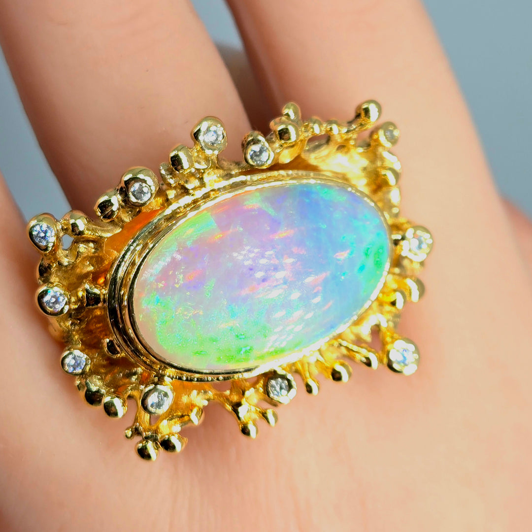 "Heaven" Sz7 Ring - Welo Opal Coral Reef Motif, 18k Gold Sterling