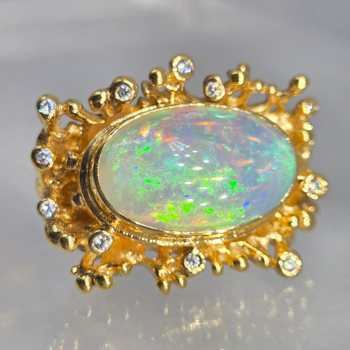 "Heaven" Sz7 Ring - Welo Opal Coral Reef Motif, 18k Gold Sterling