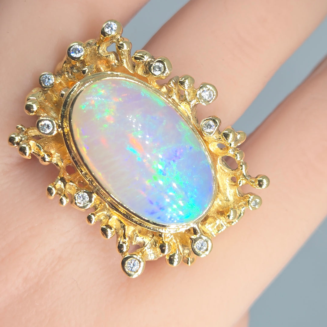 "Heaven" Sz7 Ring - Welo Opal Coral Reef Motif, 18k Gold Sterling