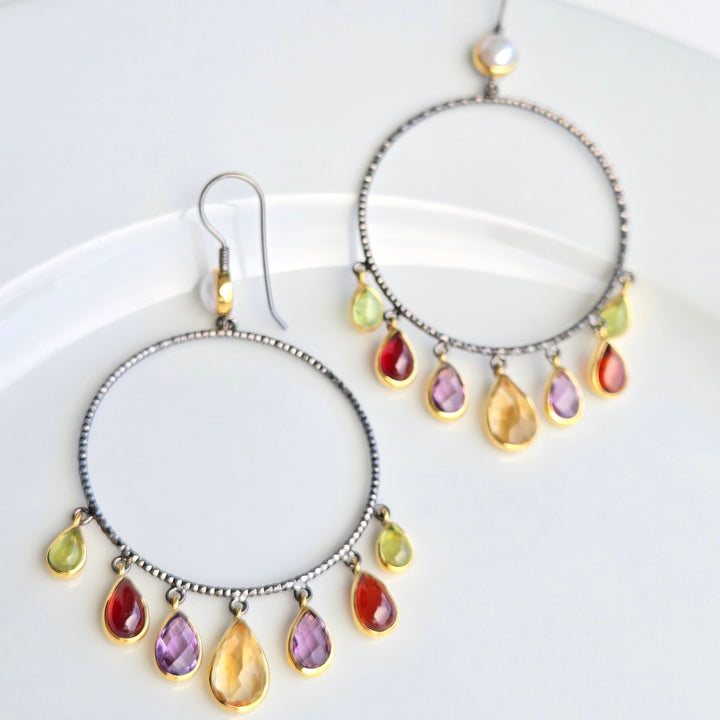 "Charm Candy Hoops" 3.25" Earrings - Amethyst, Pearls, Rhodolite Garnet, Peridot, Citrine, Black Sterling, 18K