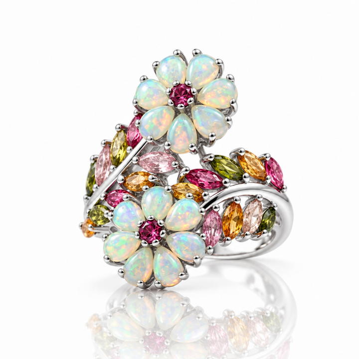 "Blossoming Beauties" Sz 10 Ring - Opal, Tourmaline, Anti-tarnish Sterling