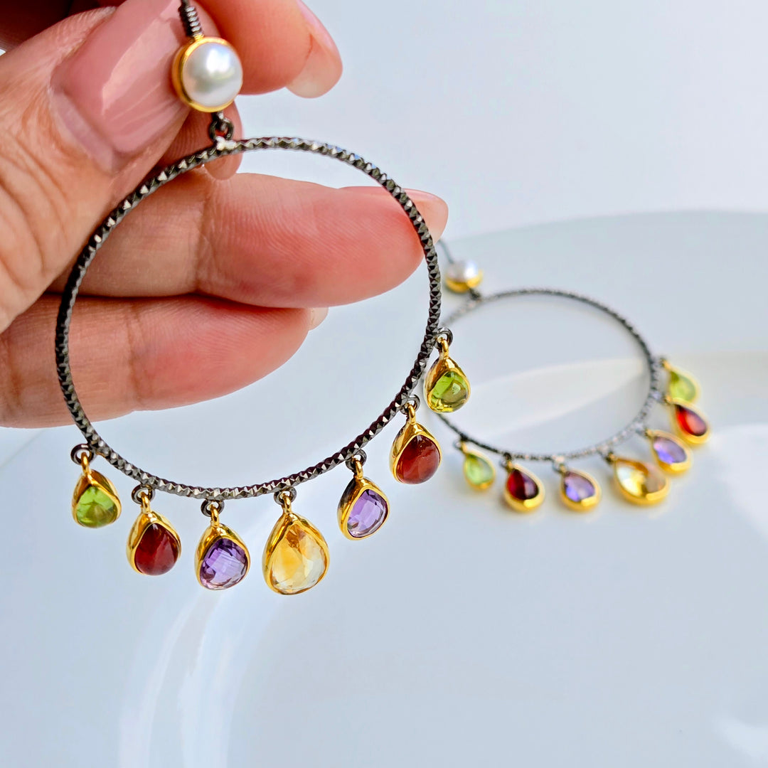 "Charm Candy Hoops" 3.25" Earrings - Amethyst, Pearls, Rhodolite Garnet, Peridot, Citrine, Black Sterling, 18K