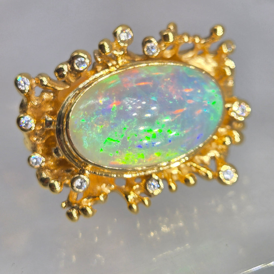"Heaven" Sz7 Ring - Welo Opal Coral Reef Motif, 18k Gold Sterling