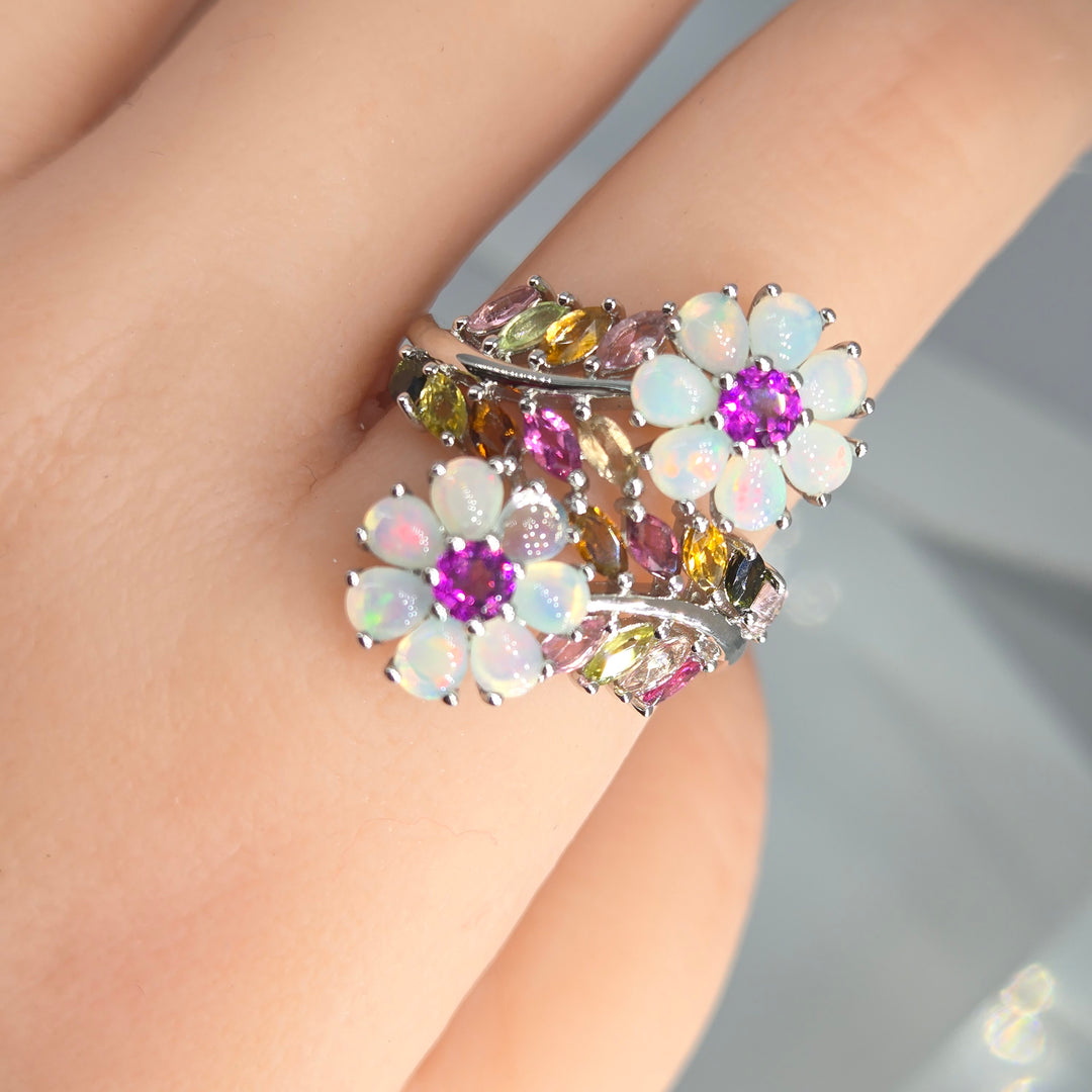 "Blossoming Beauties" Sz 10 Ring - Opal, Tourmaline, Anti-tarnish Sterling