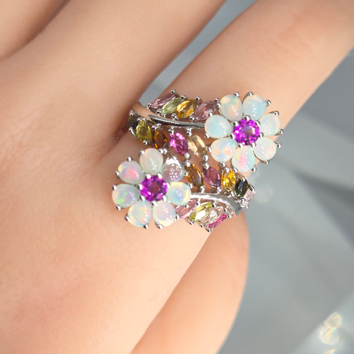 "Blossoming Beauties" Sz 10 Ring - Opal, Tourmaline, Anti-tarnish Sterling