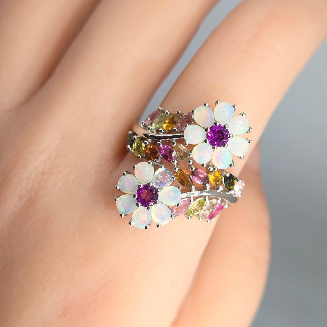 "Blossoming Beauties" Sz 10 Ring - Opal, Tourmaline, Anti-tarnish Sterling
