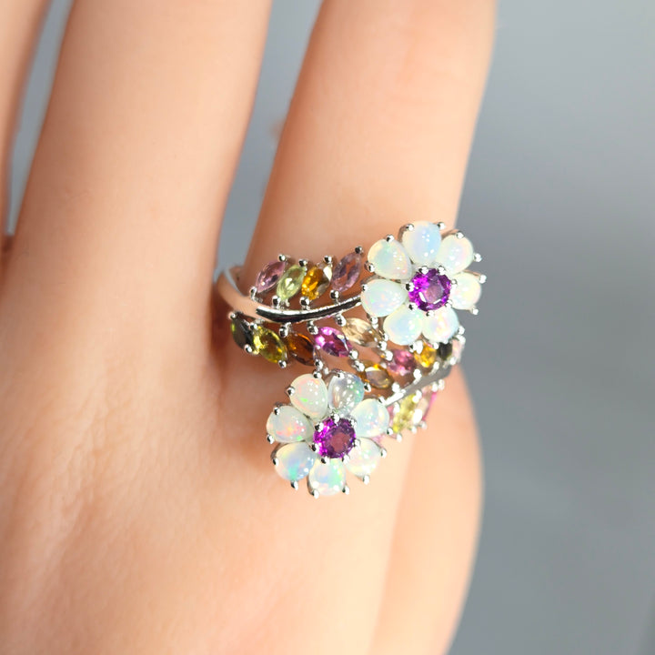 "Blossoming Beauties" Sz 10 Ring - Opal, Tourmaline, Anti-tarnish Sterling