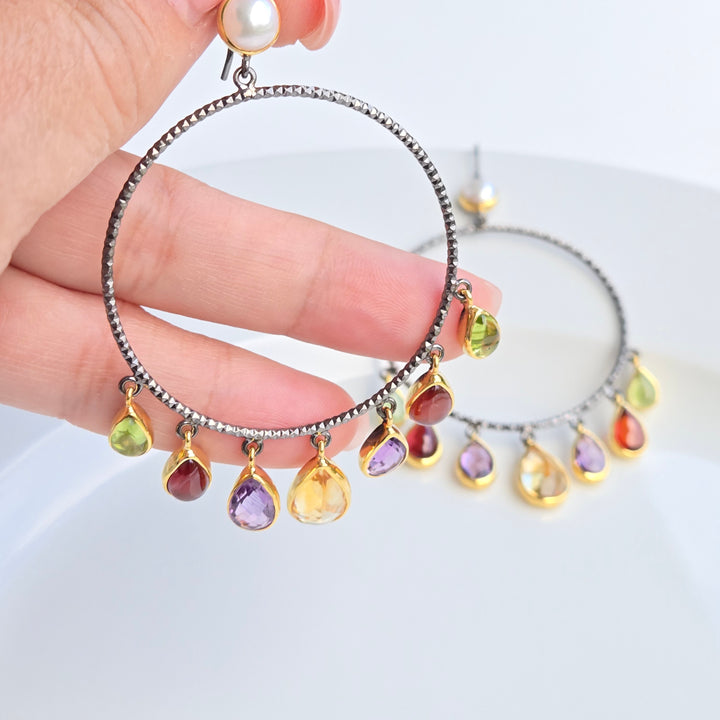 "Charm Candy Hoops" 3.25" Earrings - Amethyst, Pearls, Rhodolite Garnet, Peridot, Citrine, Black Sterling, 18K