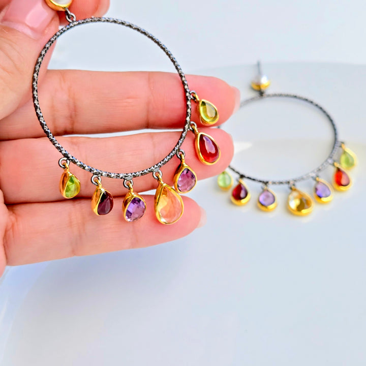 "Charm Candy Hoops" 3.25" Earrings - Amethyst, Pearls, Rhodolite Garnet, Peridot, Citrine, Black Sterling, 18K