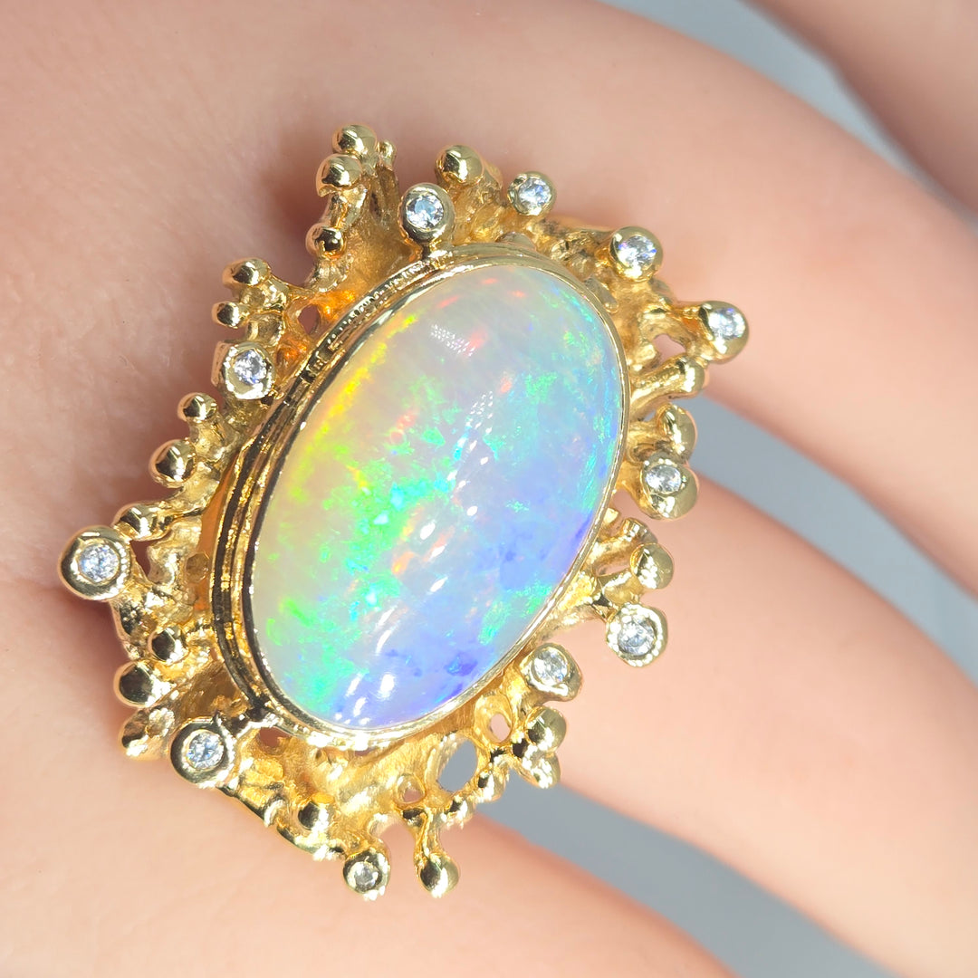 "Heaven" Sz7 Ring - Welo Opal Coral Reef Motif, 18k Gold Sterling