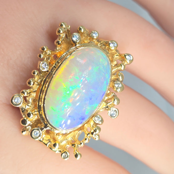 "Heaven" Sz7 Ring - Welo Opal Coral Reef Motif, 18k Gold Sterling