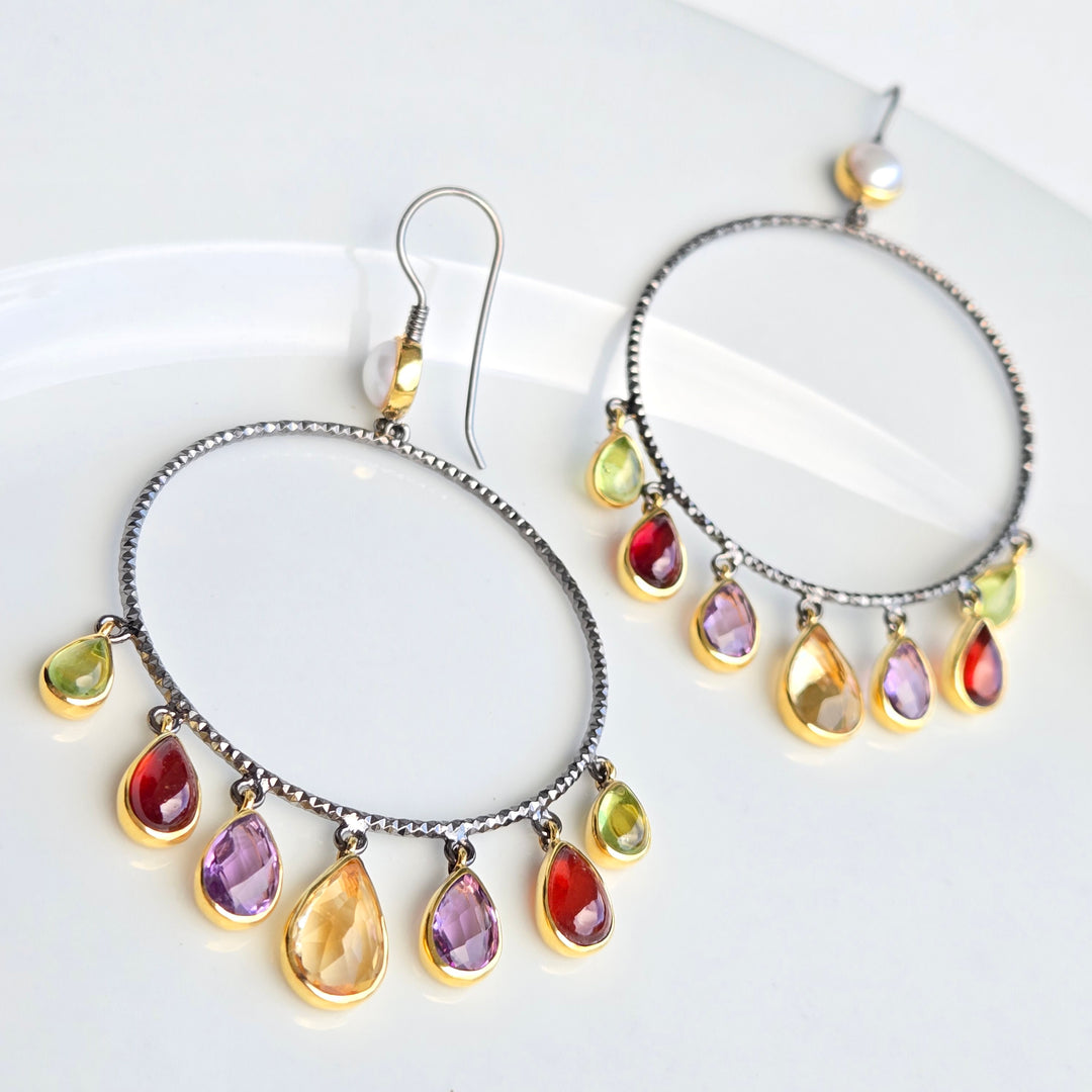 "Charm Candy Hoops" 3.25" Earrings - Amethyst, Pearls, Rhodolite Garnet, Peridot, Citrine, Black Sterling, 18K