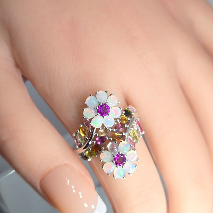 "Blossoming Beauties" Sz 10 Ring - Opal, Tourmaline, Anti-tarnish Sterling