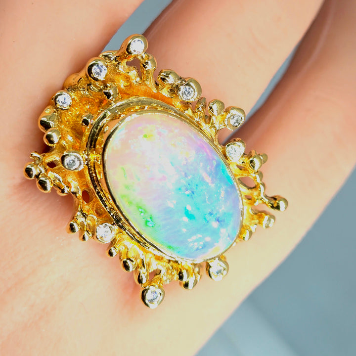 "Heaven" Sz7 Ring - Welo Opal Coral Reef Motif, 18k Gold Sterling