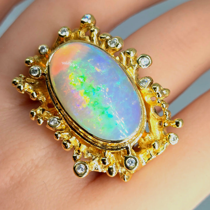 "Heaven" Sz7 Ring - Welo Opal Coral Reef Motif, 18k Gold Sterling