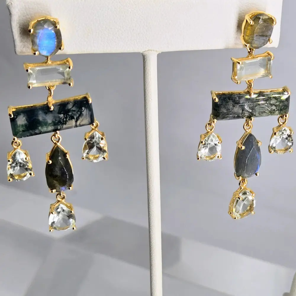 ?ROlling Stone 2.25’’ Earrings - Moss Agate Prasiolite Labradorite 18k Gold Sterling