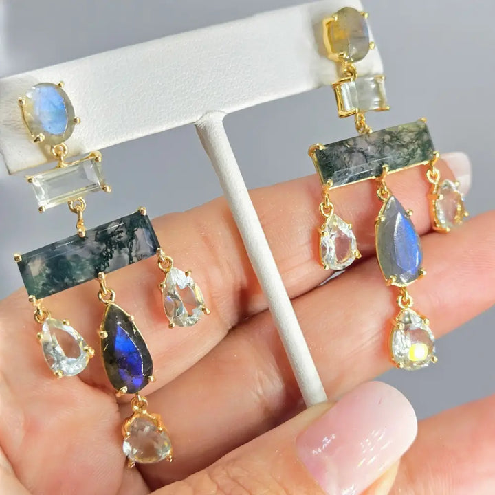 ?ROlling Stone 2.25’’ Earrings - Moss Agate Prasiolite Labradorite 18k Gold Sterling