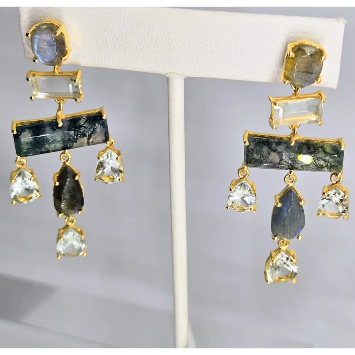 ?ROlling Stone 2.25’’ Earrings - Moss Agate Prasiolite Labradorite 18k Gold Sterling