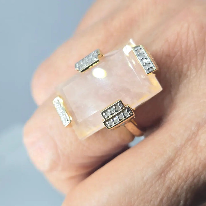 Rose Quartz Emerald Cut Statement Ring with Diamond Accents in 14k Gold