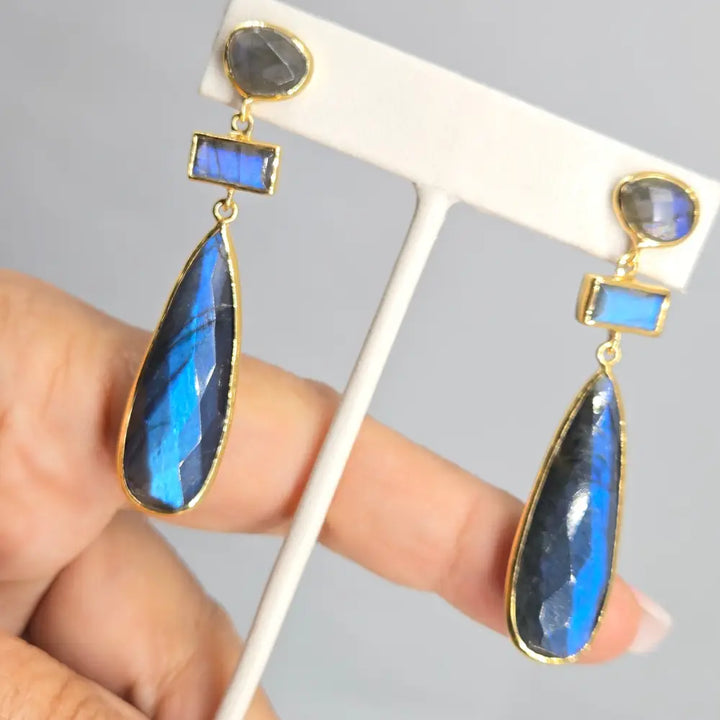 ?BLue Suede Shoes’ 2.5’’ Earrings - Labradorite 18k Gold Sterling