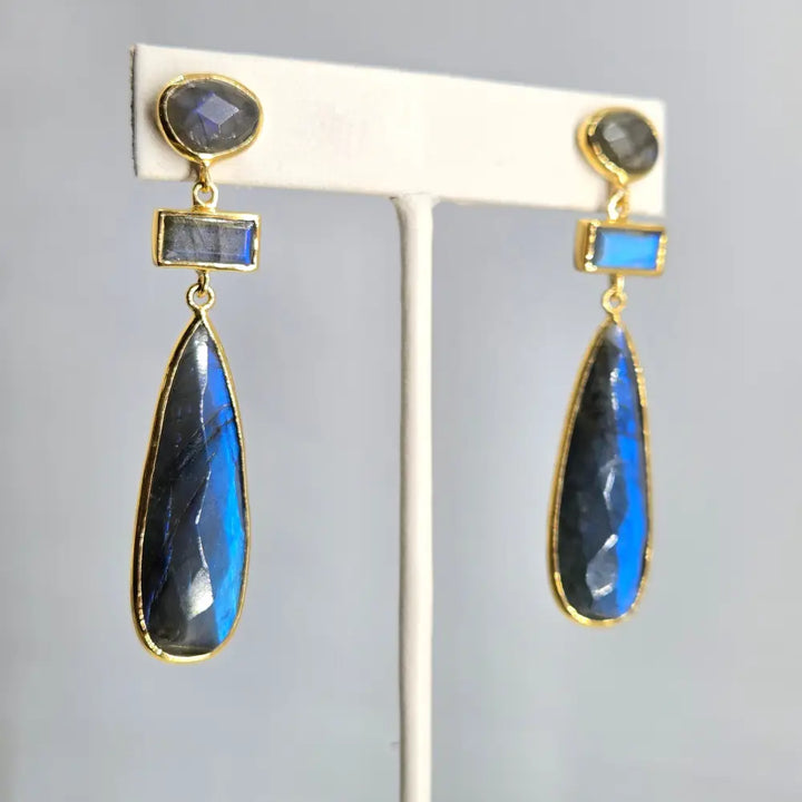 ?BLue Suede Shoes’ 2.5’’ Earrings - Labradorite 18k Gold Sterling