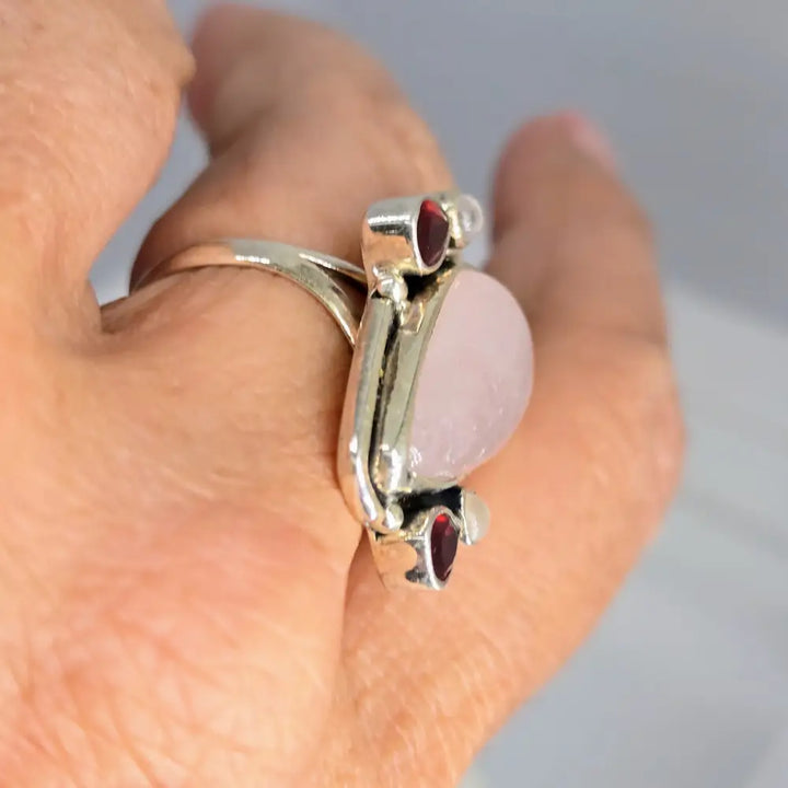 ?ROsey Posey’ Sz 8.25 Ring - Rose Quartz Garnet Chalcedony Sterling
