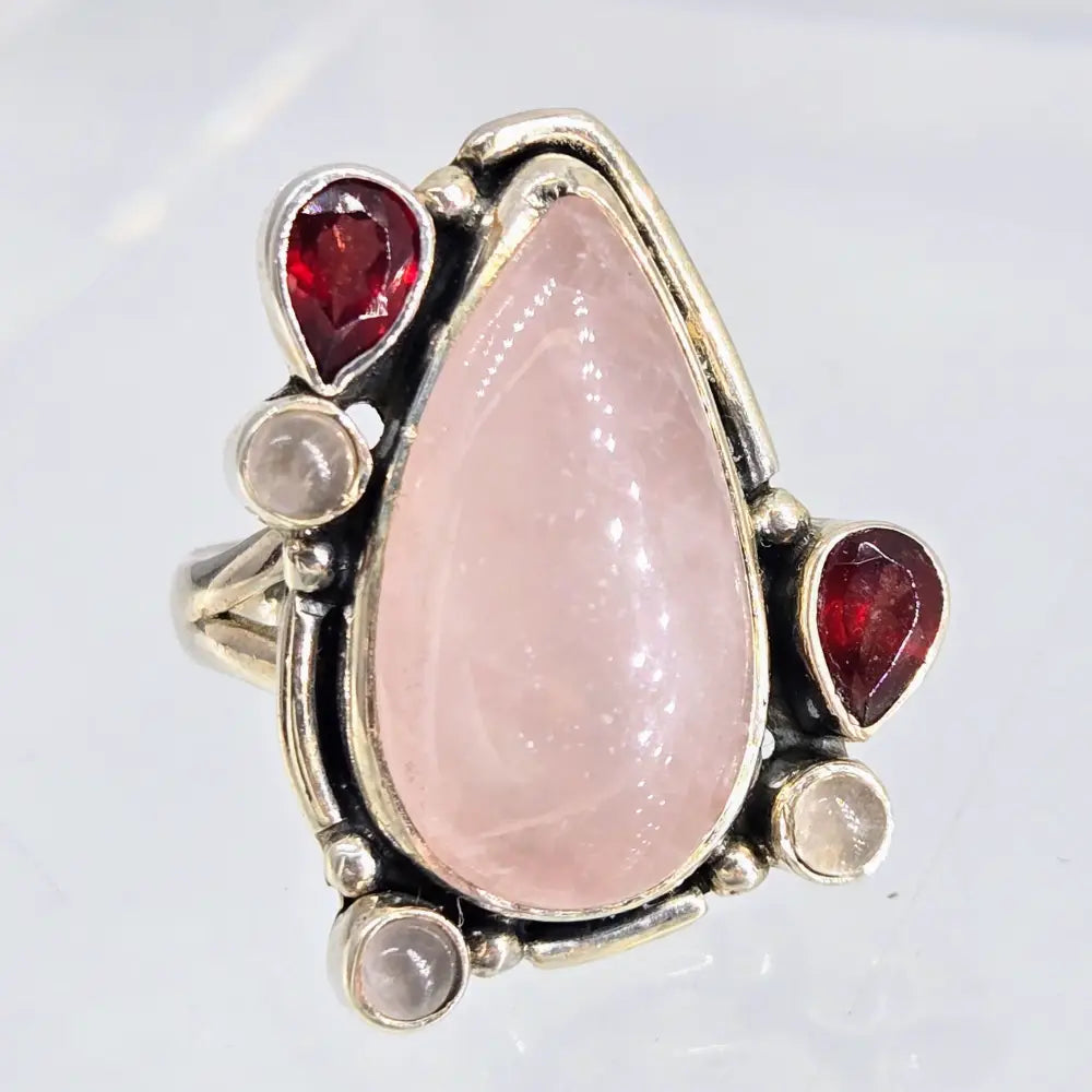 ?ROsey Posey’ Sz 8.25 Ring - Rose Quartz Garnet Chalcedony Sterling