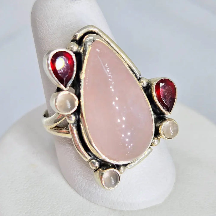 ?ROsey Posey’ Sz 8.25 Ring - Rose Quartz Garnet Chalcedony Sterling
