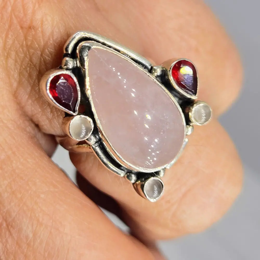 ?ROsey Posey’ Sz 8.25 Ring - Rose Quartz Garnet Chalcedony Sterling