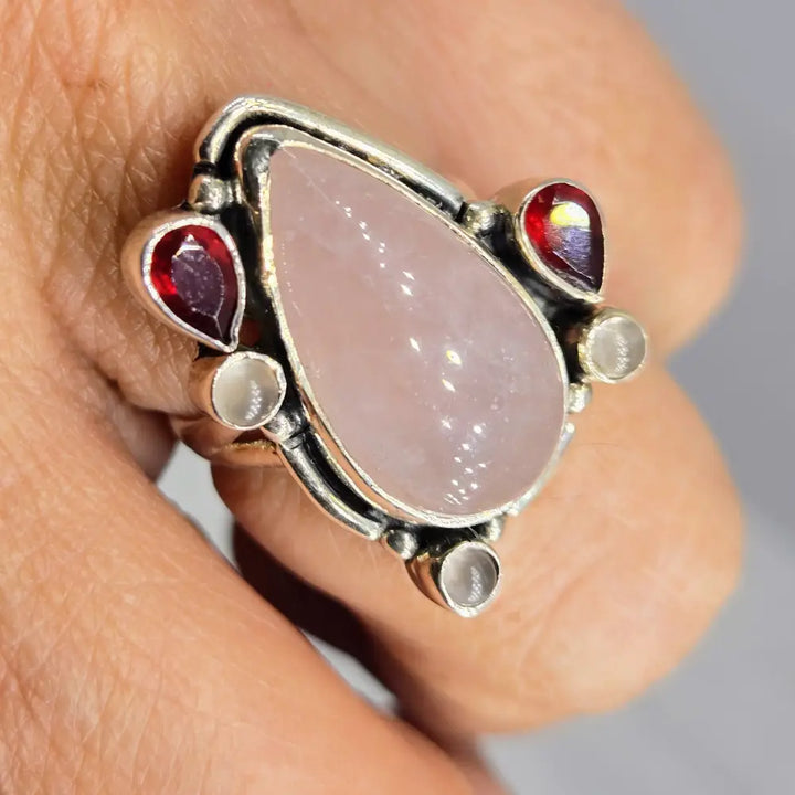 ?ROsey Posey’ Sz 8.25 Ring - Rose Quartz Garnet Chalcedony Sterling