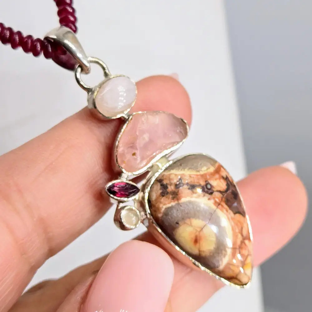 ?ROsy Bird’s Eye’ Pendant Necklace - Jasper Chalcedony Garnet Rose Quartz Moonstone Sterling