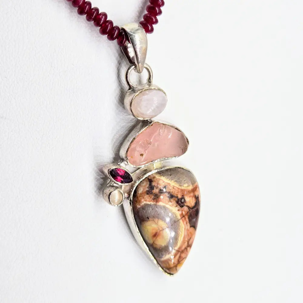 ?ROsy Bird’s Eye’ Pendant Necklace - Jasper Chalcedony Garnet Rose Quartz Moonstone Sterling