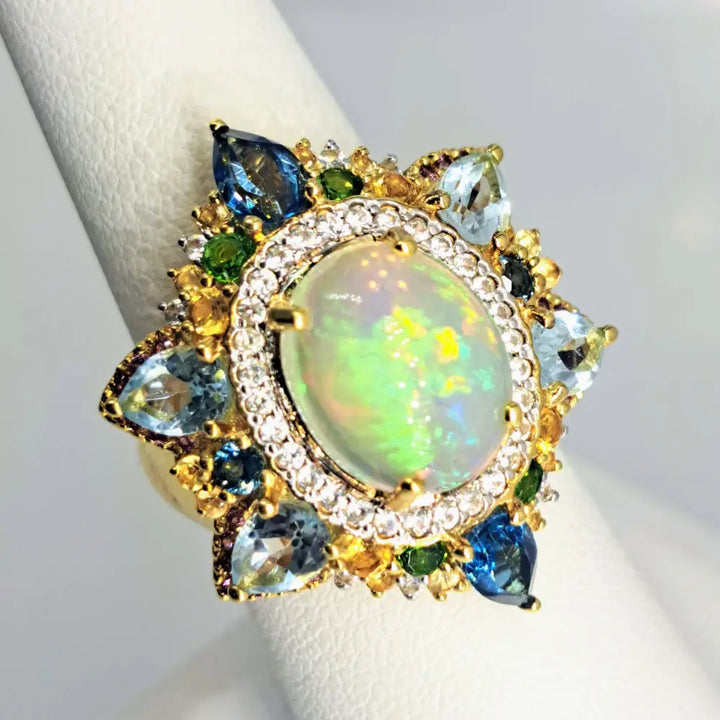 ?ROyal Caribbean’ Sz 10 Ring - Opal Topaz Citrine Diopside Zircon Tourmaline 18k Gold Sterling