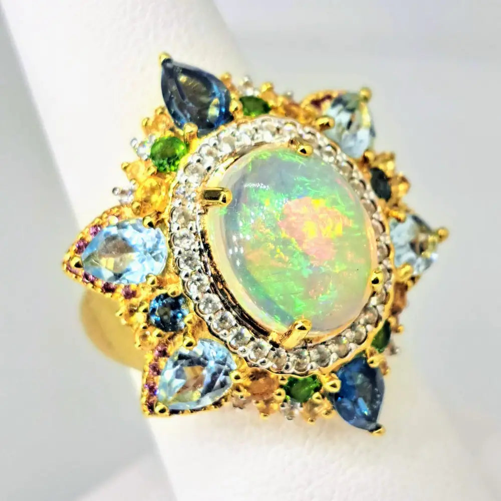 ?ROyal Caribbean’ Sz 10 Ring - Opal Topaz Citrine Diopside Zircon Tourmaline 18k Gold Sterling