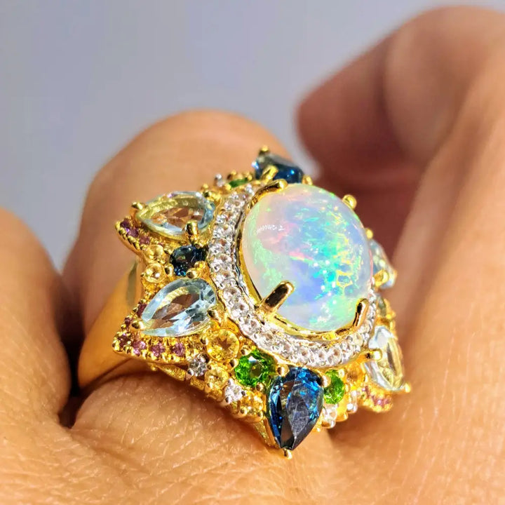 ?ROyal Caribbean’ Sz 10 Ring - Opal Topaz Citrine Diopside Zircon Tourmaline 18k Gold Sterling