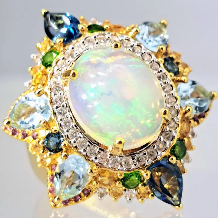 ?ROyal Caribbean’ Sz 10 Ring - Opal Topaz Citrine Diopside Zircon Tourmaline 18k Gold Sterling