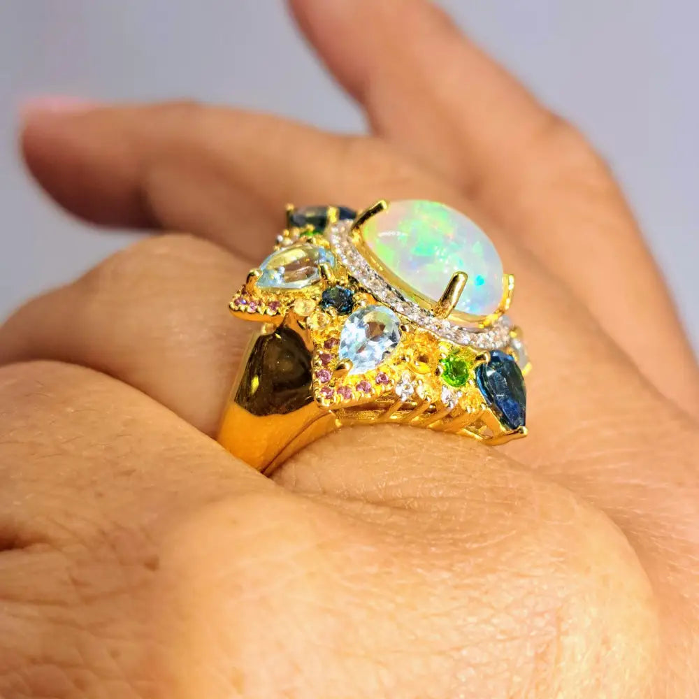 ?ROyal Caribbean’ Sz 10 Ring - Opal Topaz Citrine Diopside Zircon Tourmaline 18k Gold Sterling